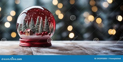 Red Christmas Snow Globe with Pine Trees and Cabin on a Wood Surface ...