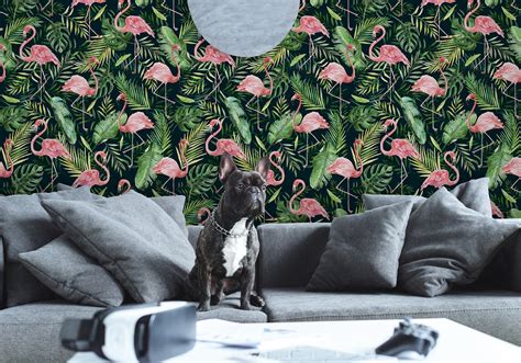 Tropical Wallpaper With Pink Flamingo Tropical Leaves - Etsy