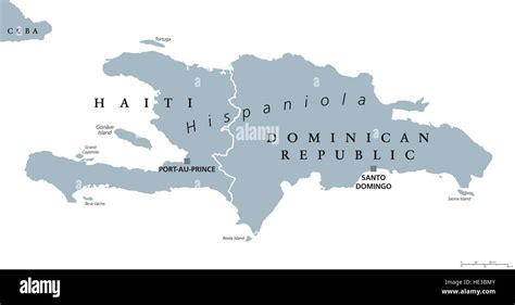 Hispaniola political map, also San Domingo. Haiti and Dominican Republic with capitals Port-au ...