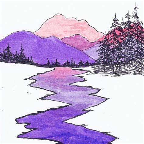 Landscape drawing of mountains, river,hills, and trees using ink and ...