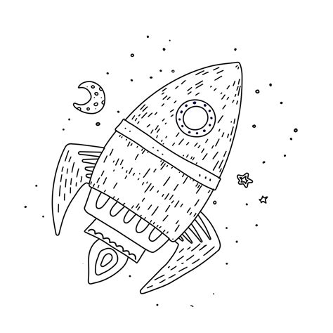 Cartoon rocket hand drawn outline illustration. Cute space shuttle clipart. Doodle spaceship ...