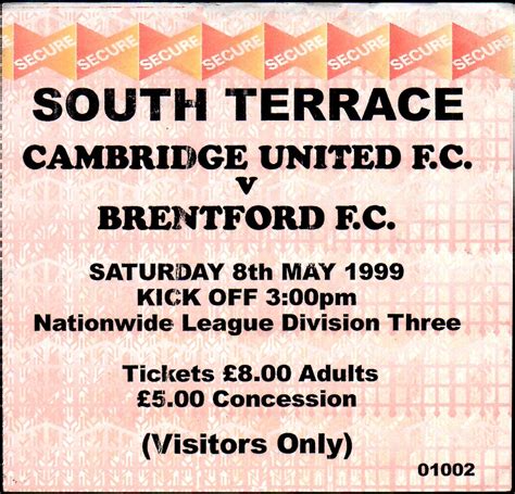 Cambridge U v Brentford – ticket – 1998-1999 – Brentford FC Memorabilia