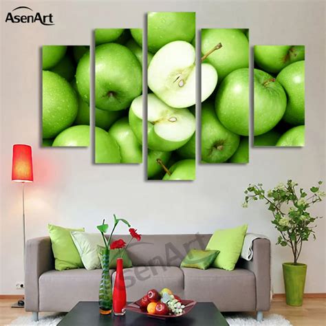 5 Panel Art Green Apple Modern Picture Fruit Oil Painting For Kitchen Wall Decor Canvas Prints ...