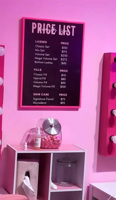 a pink room with lots of items on the shelves and a price list hanging ...