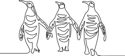 Continuous line drawing three penguins follow each