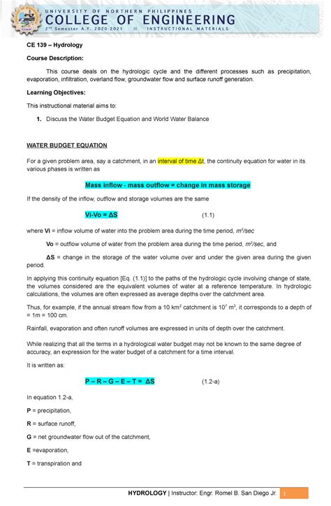 Topic 2 Water Budget Equation - CE 139 – Hydrology Course Description: This course deals on the ...