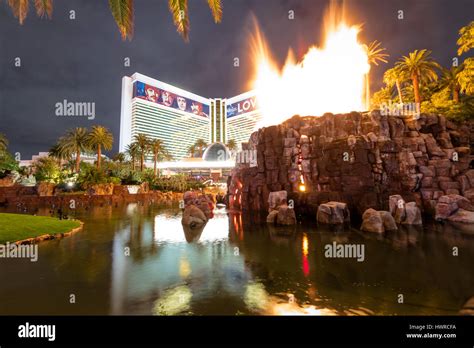 Mirage Hotel Casino and Volcano Eruption Show at Night - Las Vegas ...