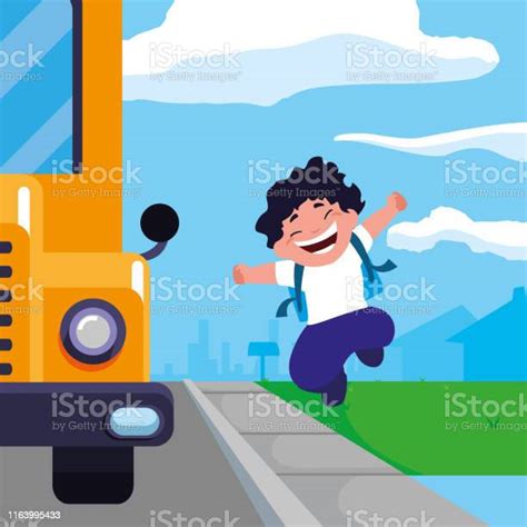 Happy Student Boy In The School Bus Stop Scene Stock Illustration ...