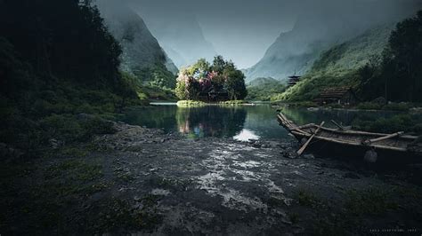 HD wallpaper: valley, lake, nature, landscape, digital art, artwork ...