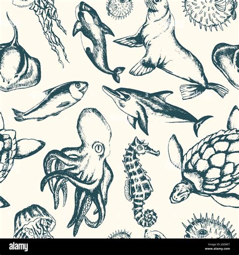 Sea Creatures - black and white vector hand drawn seamless pattern. Realistic turtle, dolphin ...