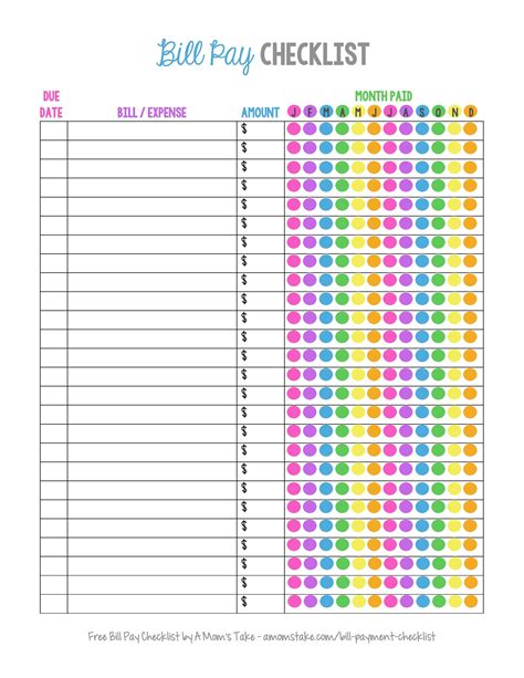 Bill Pay Checklist Free Printable