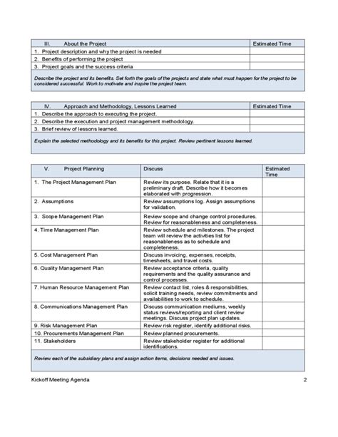 Kick off Meeting Agenda Free Download