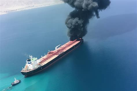 Premium AI Image | Cargo ship oil tanker in red sea being hit by missile Burning ship