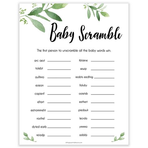 Baby Shower Word Scramble - Botanical Baby Shower Games – OhHappyPrintables