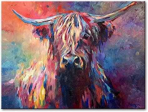 Artwork Animal Poster Canvas Wall Art Colorful Highland Cattle Painting ...