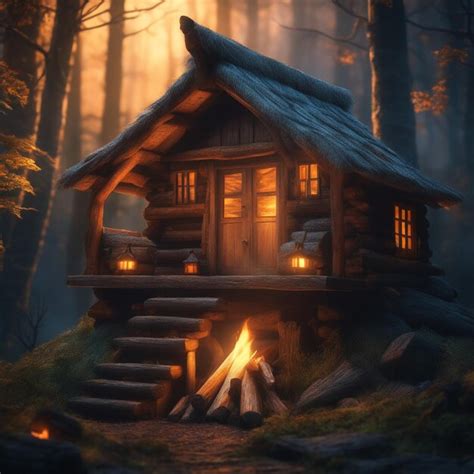 Premium Photo | Spooky hut in dark forest illuminated firewood ...