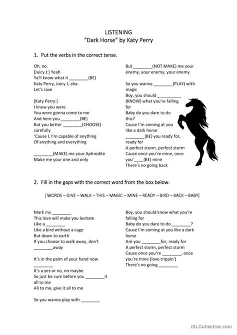 Listening: "Dark Horse" by Kat…: English ESL worksheets pdf & doc