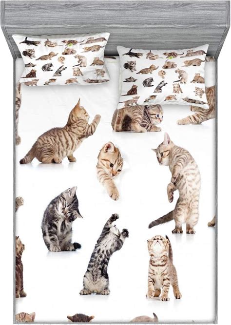 Amazon.com: Ambesonne Cat Fitted Sheet & Pillow Sham Set, Illustration of Funny Playful Cats on ...