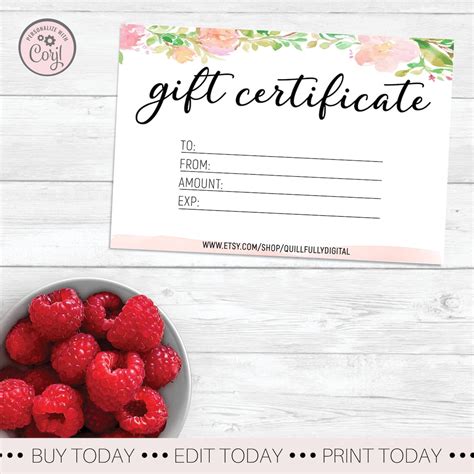 Template Floral Gift Certificate Editable Gift Voucher | Etsy