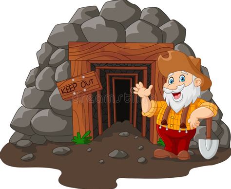 Cartoon Mine Entrance with Gold Miner Holding Shovel Stock Vector ...