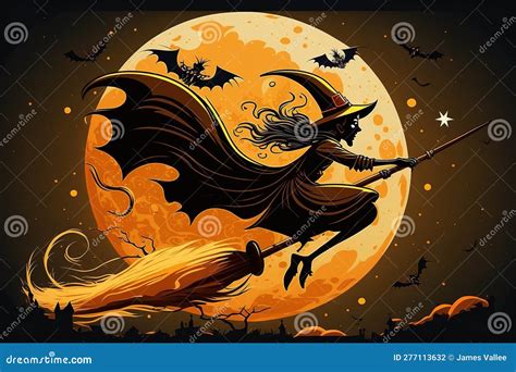 Halloween Witch Flying on Her Broom - Ai Generative Stock Illustration ...