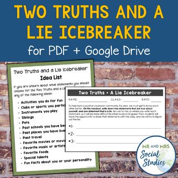 Two Truths and a Lie Icebreaker Activity (for PDF + Google Drive)