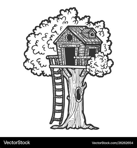 Tree house sketch engraving Royalty Free Vector Image