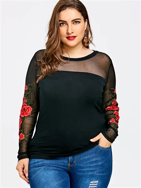 Gamiss Women Plus Size Embroidery Sheer Long Sleeve tops Shirts Women ...