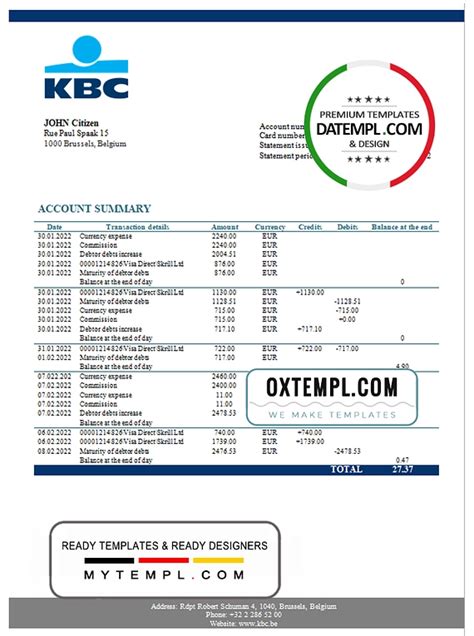 Belgium KBC bank statement template in Word and PDF format in 2022 | Statement template, Bank ...