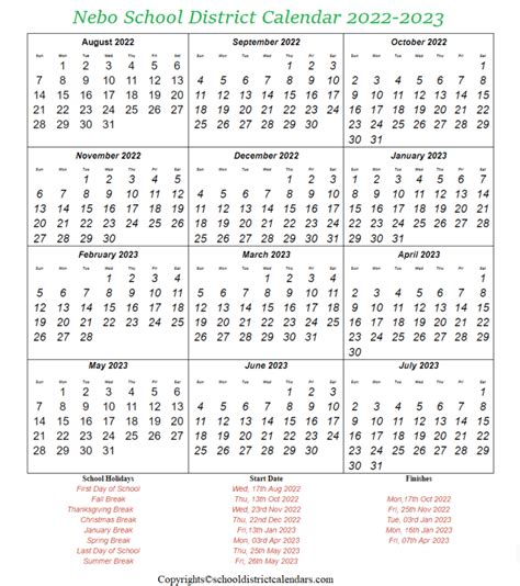 Nebo School District, Utah Calendar Holidays 2022-2023 School District ...