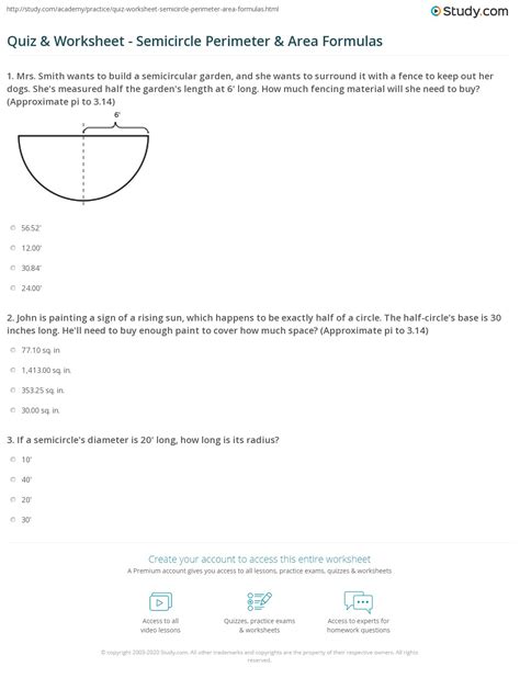 Quiz & Worksheet - Semicircle Perimeter & Area Formulas | Study.com