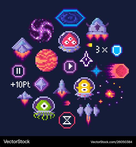 Space game pixel art aliens and spaceship icons Vector Image