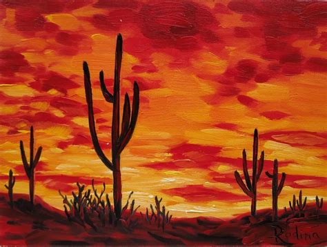 Fire Sunset Desert Painting Sunset Oil Painting Saguaro Cactus - Etsy