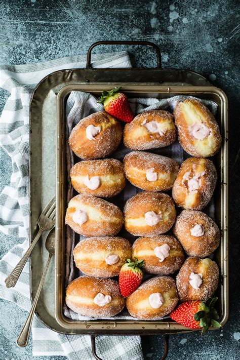 Soft sugary strawberry cream filled donuts! These homemade from scratch ...