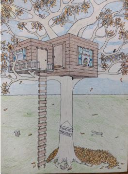 a drawing of a tree house with stairs going up to the top and people in the window