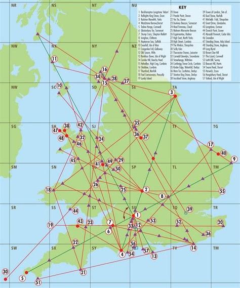 A map of Englands Ley Lines and a key of sacred sites that they pass ...