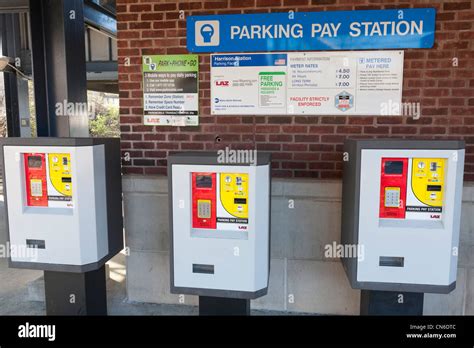 A pay station for the parking facility at the Metro-North train station in Harrison, New York ...