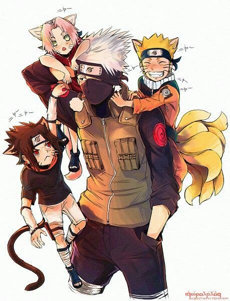 Team 7 hanging off kakashi. The cute ears and tail.😍😍 #team7 #naruto #sasuke #sakura #kakashi ...