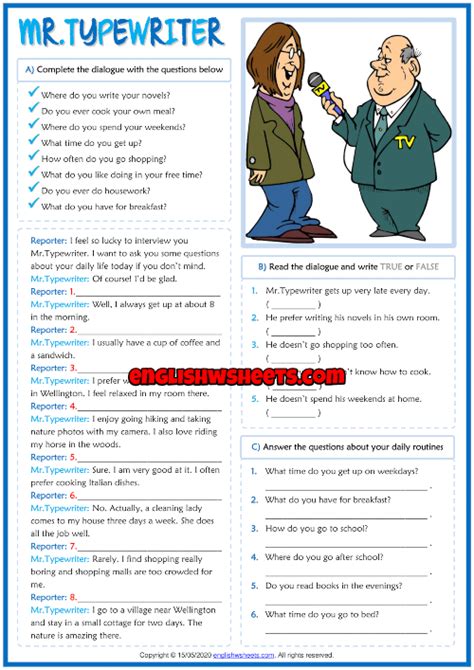 Daily Routines ESL Dialogue Comprehension Exercises Worksheet | Comprehension exercises, Improve ...