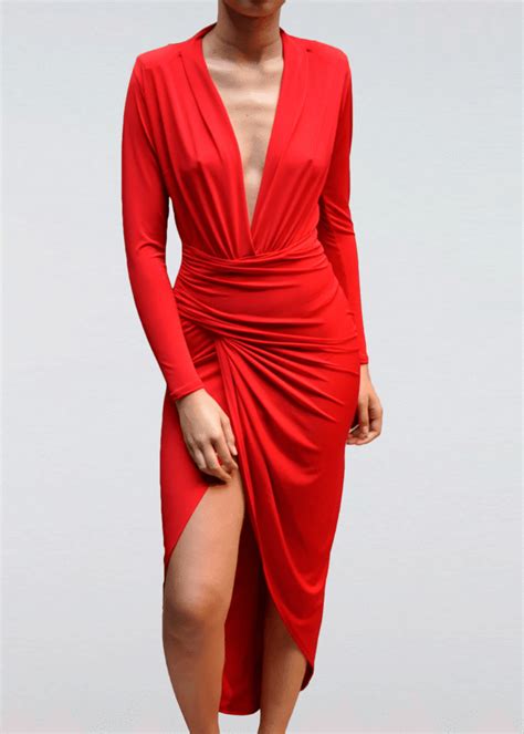 Long Sleeve Wrap Front Maxi Dress in Red Backless Mini Dress, Backless Maxi Dresses, Neck ...