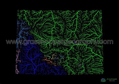 River basin map of Wyoming, rainbow colours on black - Fine Art Print ...