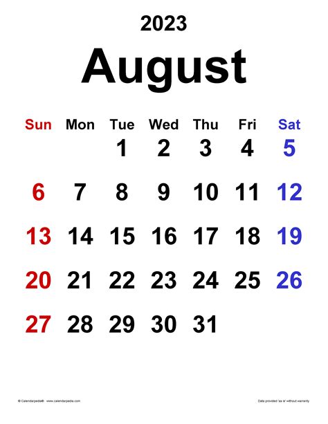 August 2023 Calendar | Templates for Word, Excel and PDF