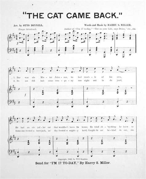 The Cat Came Back free sheet music by Harry S Miller | Pianoshelf