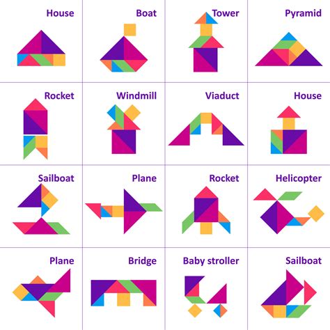 Tangram puzzle. Set of tangram transport and buildings. Jigsaw for kids. Vector set. Vector ...