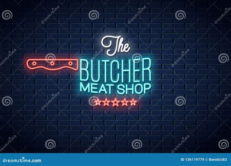 Butcher Neon Sign. Meat Shop Neon Logo Background Stock Vector ...