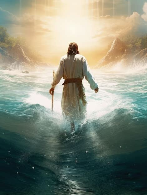 Premium Photo | Jesus walking in the water with the sun shining on him