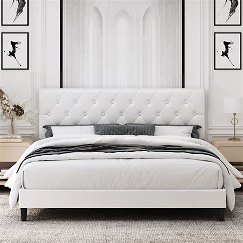 Homfa Full Bed Frame, White Faux Leather Upholstered Button Tufted Low ...