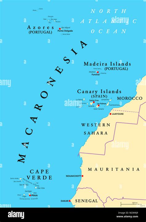 Macaronesia political map. Azores, Cape Verde, Madeira and Canary Islands. Collection of four ...