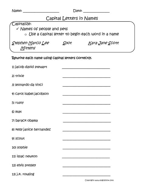 Names Capitalization Worksheets | Capitalization worksheets, Capital ...