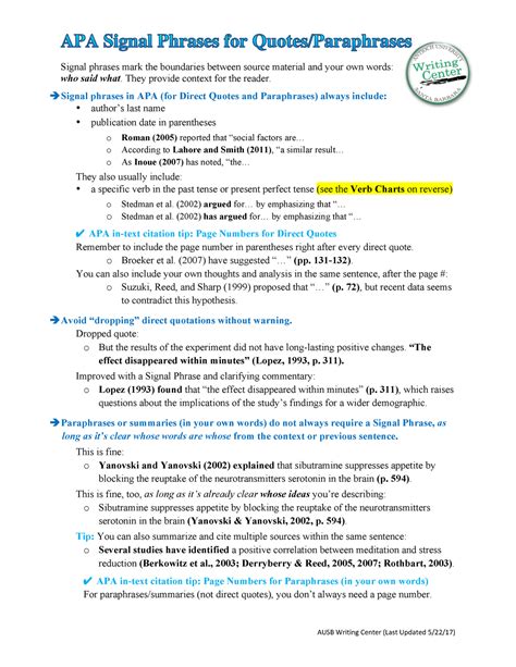 APA Signal Phrases for Quotes and Paraphrases - AUSB Writing Center (Last Updated 5/ 22 /17 ...